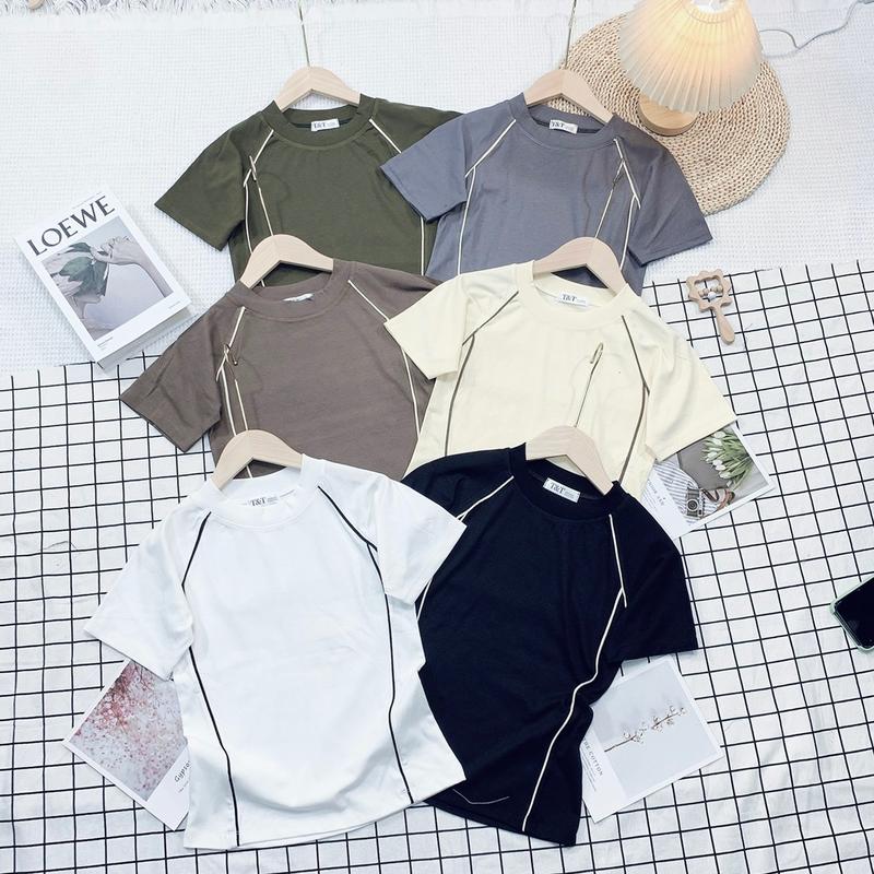  Áo thun chất Borip co giản 4 chiều from áo Baby Tee kiểu dáng ôm phối viền sọc né dọc thân- Mã Baby tee sọc né trơn Cotton 