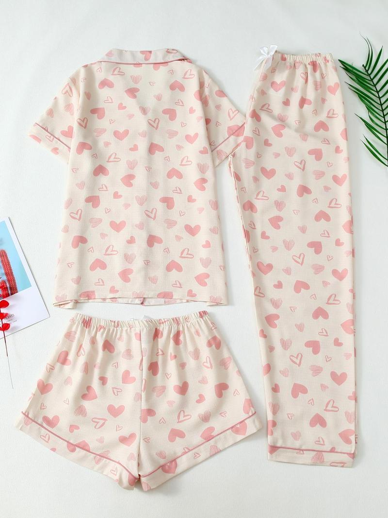 Product Introduction of Three-piece Set Women's Heart Print Top & Pants & Shorts Pyjama Set, Casual Comfy Round Neck Short Sleeve Top & Trousers & Shorts Pj Set, Ladies Sleepwear for All Seasons 4