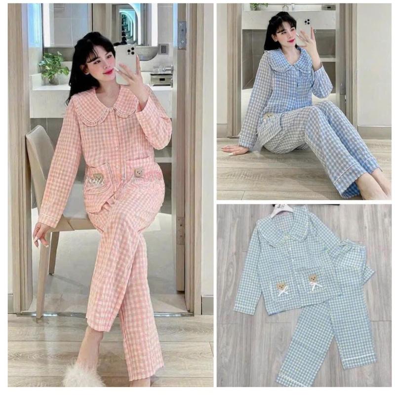 Bộ pijama caro tiểu thư thêu gấu ở túi - Bộ đồ ngủ mặc nhà cổ bèo sen dễ thương 0
