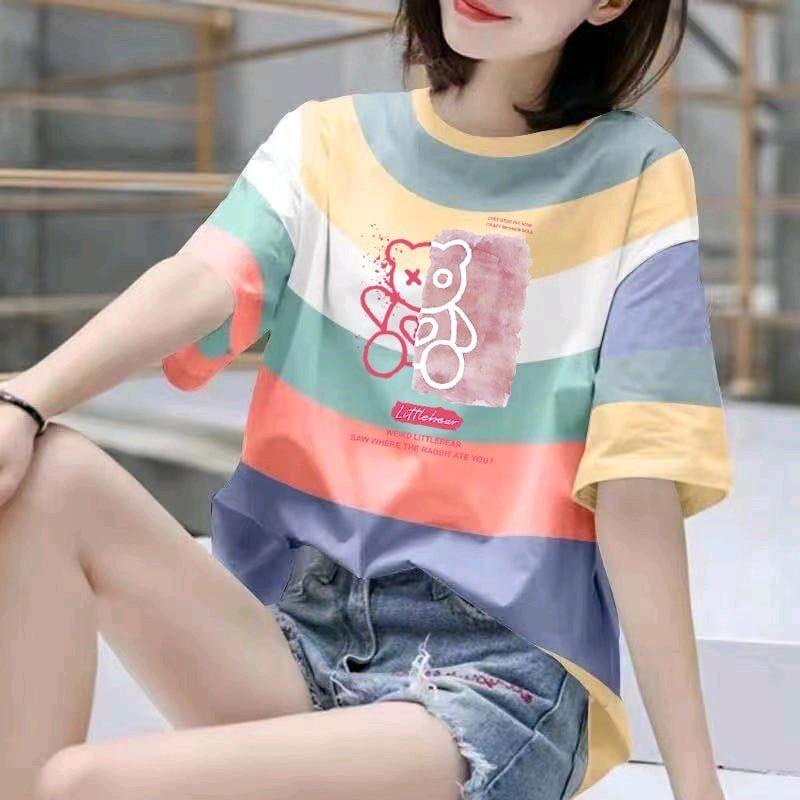 Áo phông cổ tròn Kẻ sọc dể thương T38-T37 Top Nữ Nữ Top Women Women 3