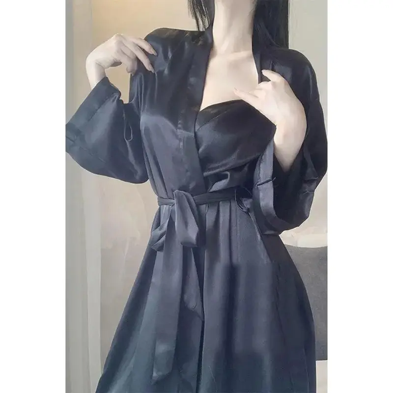 Váy Ngủ Mùa Mùa Xuân Và Mùa Thu, Phong Cách Hàn Quốc, Đồ Ngủ Lụa Lạnh Cho Nữ, Mỏng Mùa Hè, Màu Trắng Nhật Bản, Áo Choàng Tắm Quý Cô Trẻ Trung Gợi Cảm, Dáng Rộng Vừa Vặn, Đồ Mặc Nhà 6
