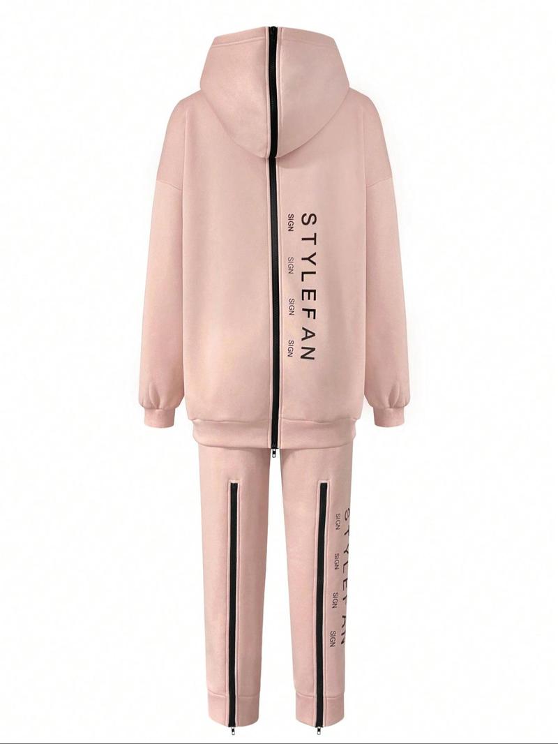 Product Introduction of Women's Letter Print Drop Shoulder Zip Up Hoodie & Pants Two-piece Set, Outfits 2 Piece Set, Casual Fashion Cozy Breathable Two Piece Outfits for Daily Outdoor Wear, Women Clothes for Fall & Winter 2