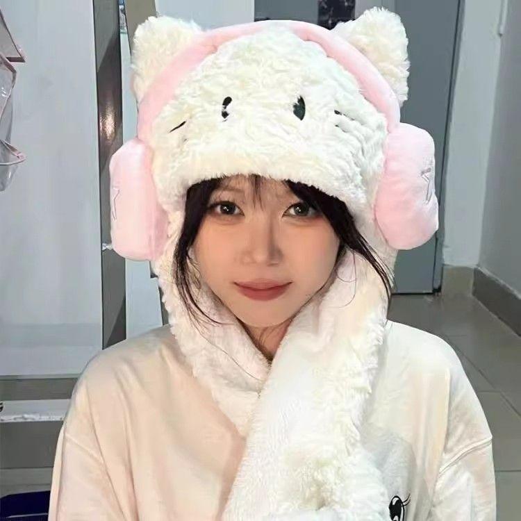 Product Introduction of Mũ Mèo, Tai Nghe Và Khăn Quàng Cổ Tích Hợp, Nữ Mùa Thu Và Mùa Đông, Hello Kitty Nhồi Bông Dễ Thương Và Dễ Phối Đồ, Chu Vi Đầu Lớn, Lót Lông Cừu Mùa Đông, Dày Dặn 4