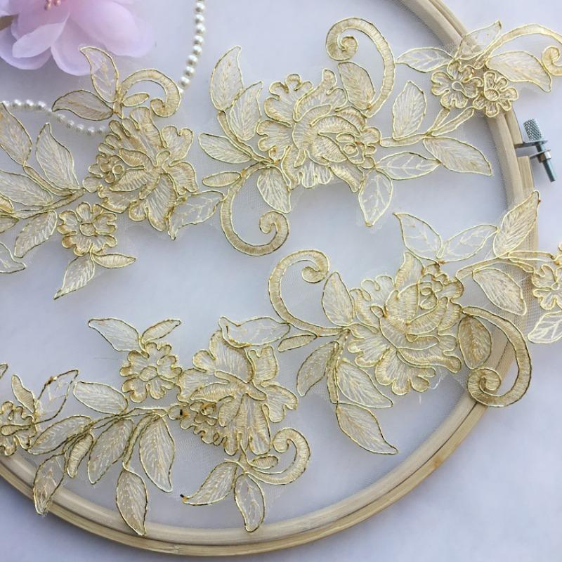 Flower Pattern Lace Fabric, 1 Pair DIY Embroidery Lace Fabric, DIY Lace Trim for Wedding Dress Headwear, Home Decoration, Clothing Decoration 2