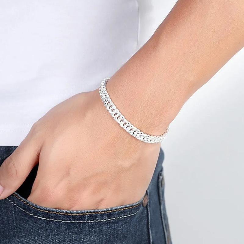 Product Introduction of Fashion original brand 925 Sterling Silver man 6MM geometric chain bracelets neckalces for women Party wedding jewelry sets 13