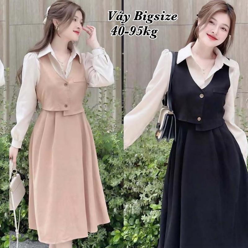 Thời Trang Bigsize - Đầm Váy Cổ Sơ Mi Tay Dài Bigsize Nữ Vải Cotton Lạnh Cao Cấp Thiết Kế Đi Dự Tiệc Xinh Đẹp 40-95kg Tay Phồng Tay Loe Dress Màu Đen - 2096