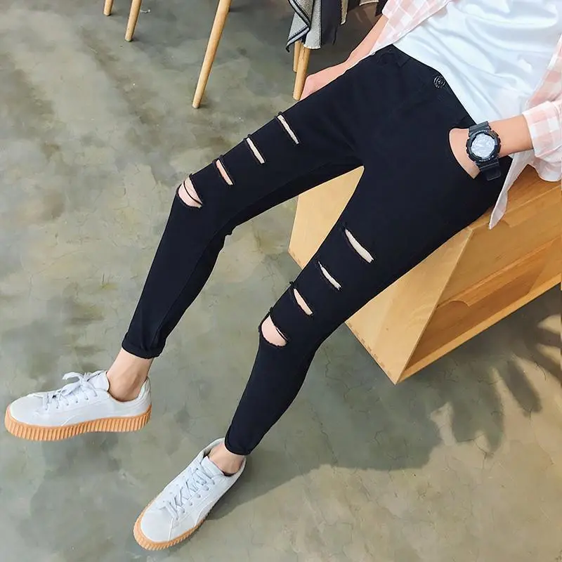 Cheap casual jeans for men, torn jeans, summer and summer shorts for men, Korean style trend, 9 points, black tights for beggars, torn skinny jeans, slim long pants
