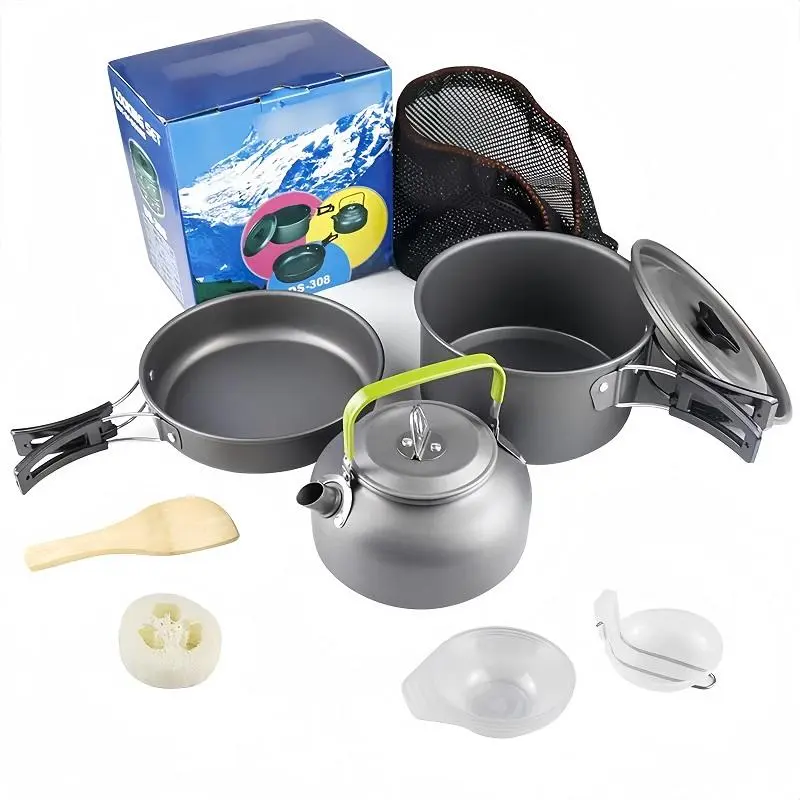 Outdoor Cookware Set, 1 Set Frying Pan & Cooking Pot & Kettle & Bowl, Spatula & Cleaning Brush & Storage Bag, Camping Kitchenware for Camping Enthusiasts
