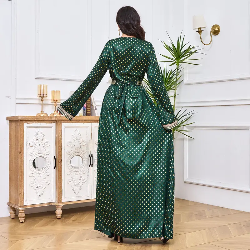 2025 Middle East Women's New V-neck Abaya Robe Muslim Large Swing Long Dress Bronzing Dress 3