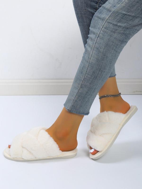Women's Fashionable Plain Criss Cross Design Soft Slippers, Simple Design Warm Plush Slippers for Fall & Winter 8