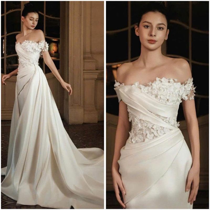  Váy trắng đi bàn cô dâu trễ vai đuôi cá mặc 2 kiểu sang trọng Seron 