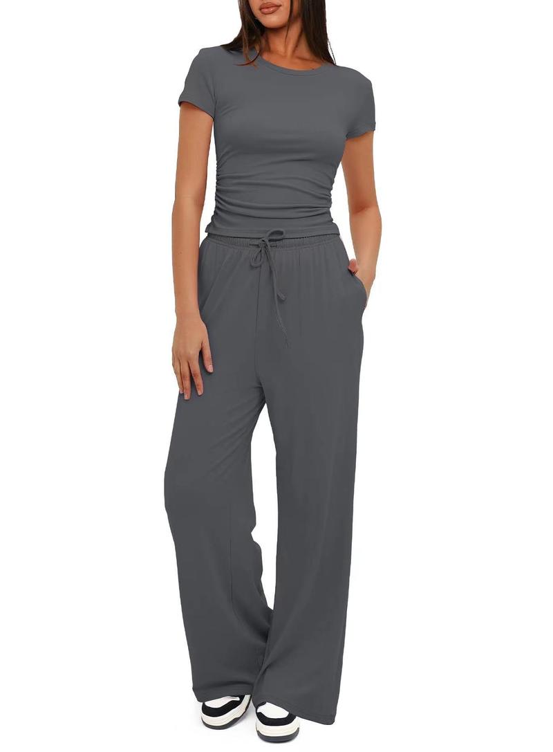 Product Introduction of Women's Solid Round Neck Tee & Pants Loungewear Two/Six Piece Set, Casual Comfy Pyjama Set for Women, Comfy Loungewear Set for Daily Home Wear Pajamas Nightwear Womenswear Pjs Homewear Comfort Hip Basic Black Minimalist women's  tracksuits 4