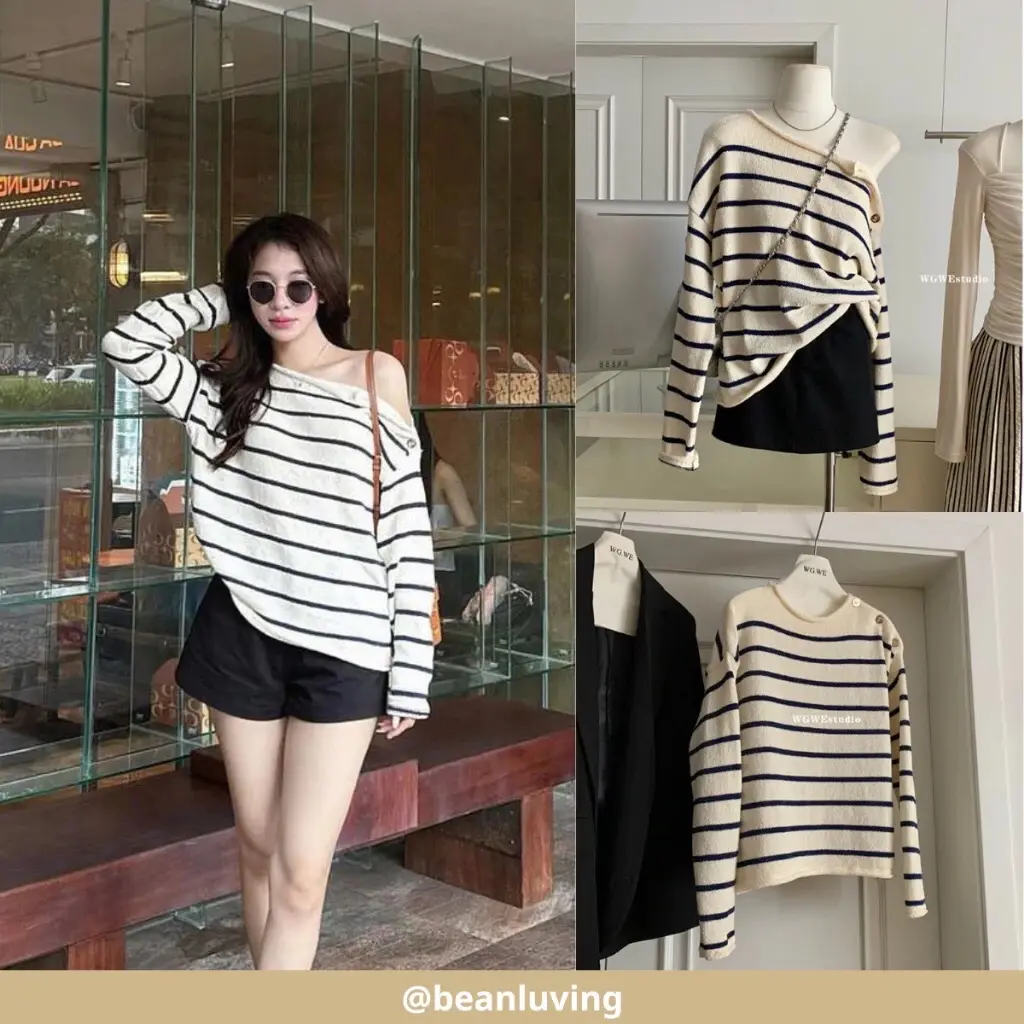 Beanluving￼ | ÁO LEN MỀM KẺ NGANG 2 KIỂU HÀNG QCCC TAG WG.WE mã 9594 Women Nữ Sọc Kẻ Top