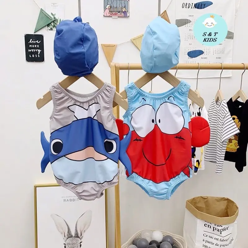 Đồ bơi bé trai bé gái, bikini cho bé có mũ hoạ tiết động vật dễ thương 5