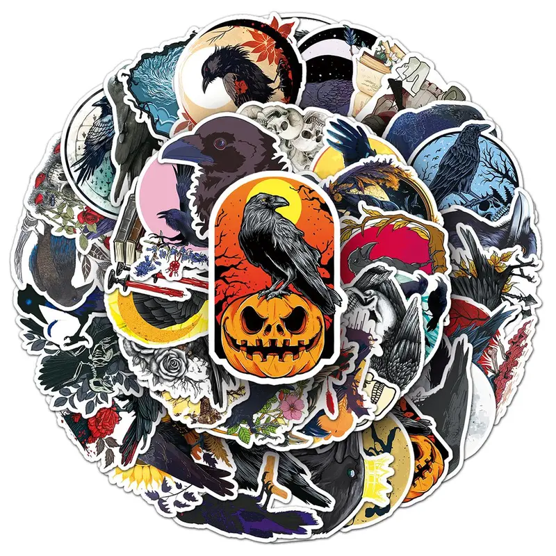 Crow Pattern Car Sticker, 50pcs/set Waterproof Self Adhesive Decor Paper, Decor Sticker for Gift Greeting Card Water Bottle Laptop Phone Case 5