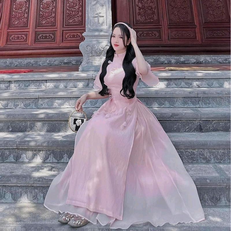 SÉT ÁO DÀI TƠ ĐÍNH BÔNG tay phồng phối chân váy voan lụa 4