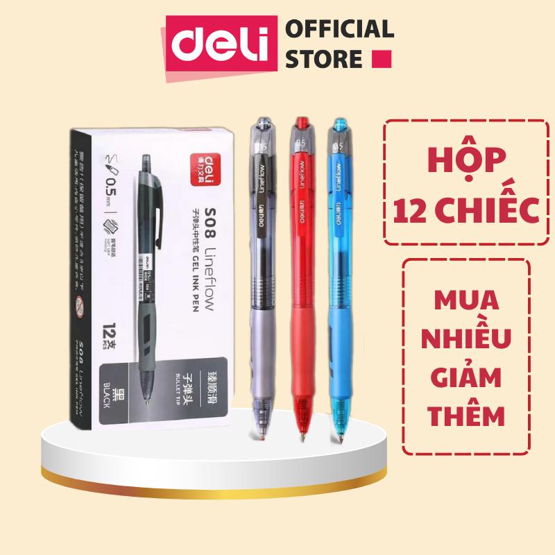 Hộp 24 bút gel béo Deli - mực nhiều màu ngòi 0.5mm, Bút bi nước mực gel bấm chính hãng - Bút học sinh, nhanh khô, có đệm tay