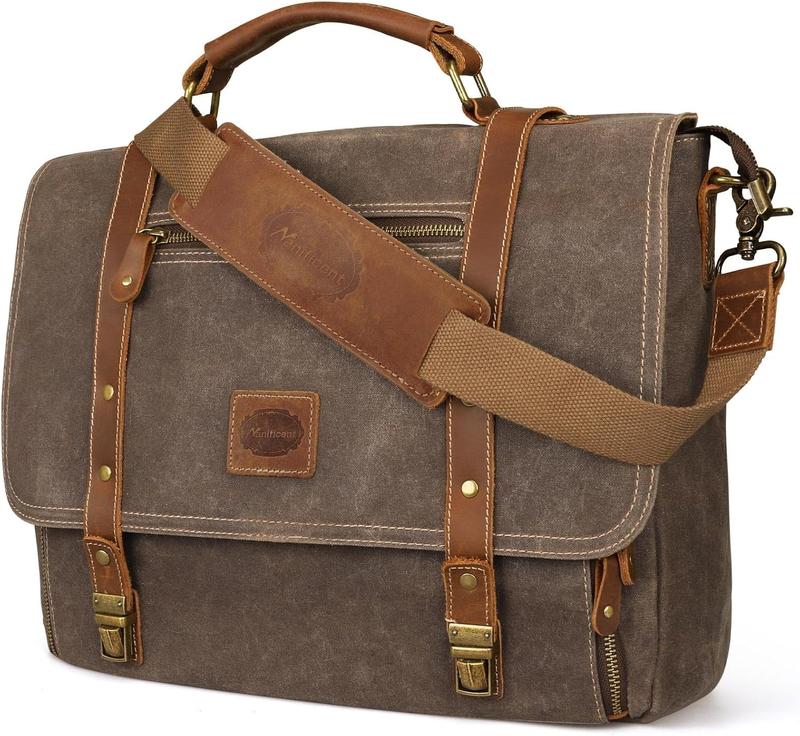 TikTok Shop Laptop Messenger bag for Mens 15.6 Inch Vintage Genuine Leather Mens Briefcase bag 16 Storage Pockets Waxed Canvas Leather Computer Business Satchel Work Bag Brown