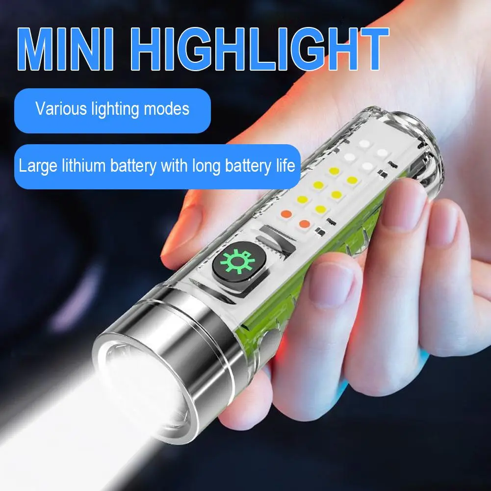 Đèn pin ánh sáng trắng mạnh mini, 1500mah, với đèn bên, loại C, đỏ và Xanh Biển Flash, chế độ ánh sáng huỳnh quang