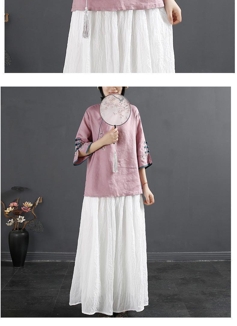 Product Introduction of Oemg2024 Summer New Chinese Style Retro Cotton and Linen Shirt Women's Chinese Style Stand-up Collar Frog Button Top Embroidered Cotton Tea Clothes 25