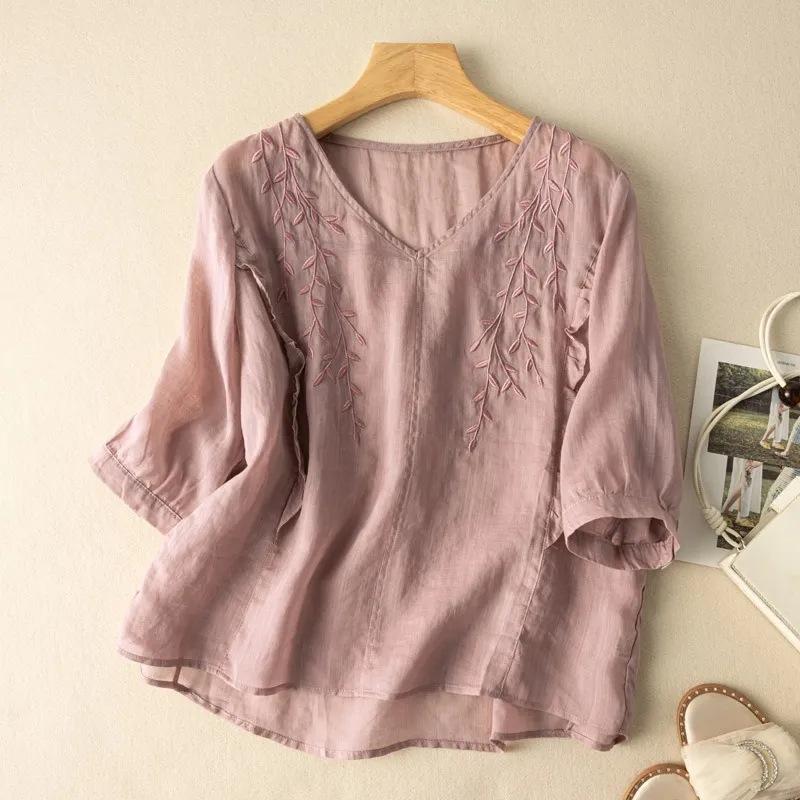 Áo Cotton Và Vải Lanh Thêu Mới, Áo Dáng Rộng, Thanh Lịch, Nghệ Thuật, Retro, Tay Áo Cắt Xén, Phong Cách Trung Quốc, Thường Ngày, Đa Năng, Mùa Hè Top Nữ Sơ Mi Women 2