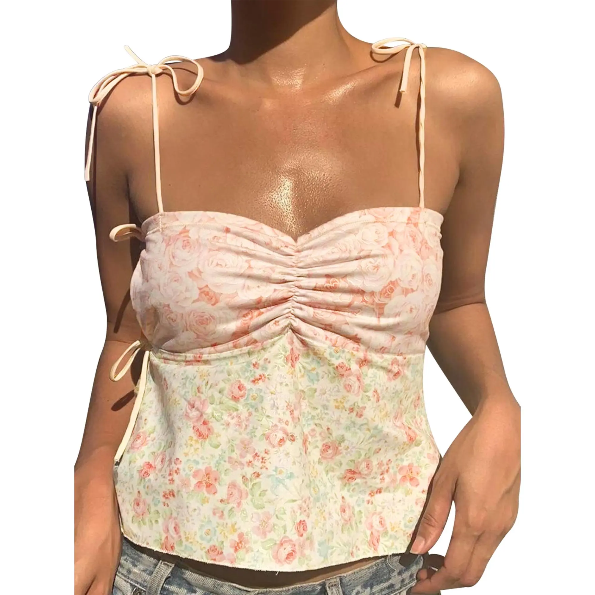 Women Camisole, Tie-up Spaghetti Straps Backless Flower Print Summer Tops for Party Club Polyester Sleeveless