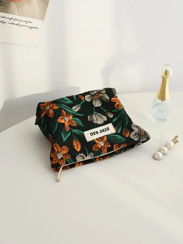 Floral Pattern Patched Design Makeup Bag, Portable Cosmetic Storage Bag, Makeup Organizer Pouch, Versatile Storage Bag for Travel, Outing, Daily Use 3