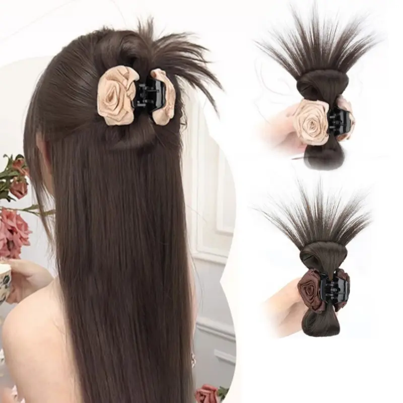 Tóc Giả Phong Cách Trung Quốc Cho Nữ, Tóc Nối Đuôi Ngựa Hình Quả Bóng Buộc Nửa, Kẹp Hoa Hồng, Tóc Giả Lọn Tóc Trông Tự Nhiên, Tóc Mái, Nhẹ Nhàng Và Dễ Phối Đồ Tóc Mô Phỏng, Hàng Mới Về 1