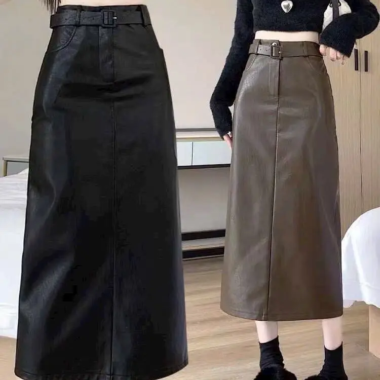 8018 .Chân váy da dài , dáng xuông A, xẻ sau, dài 80cm, kèm đai. chân  váy Nữ 3
