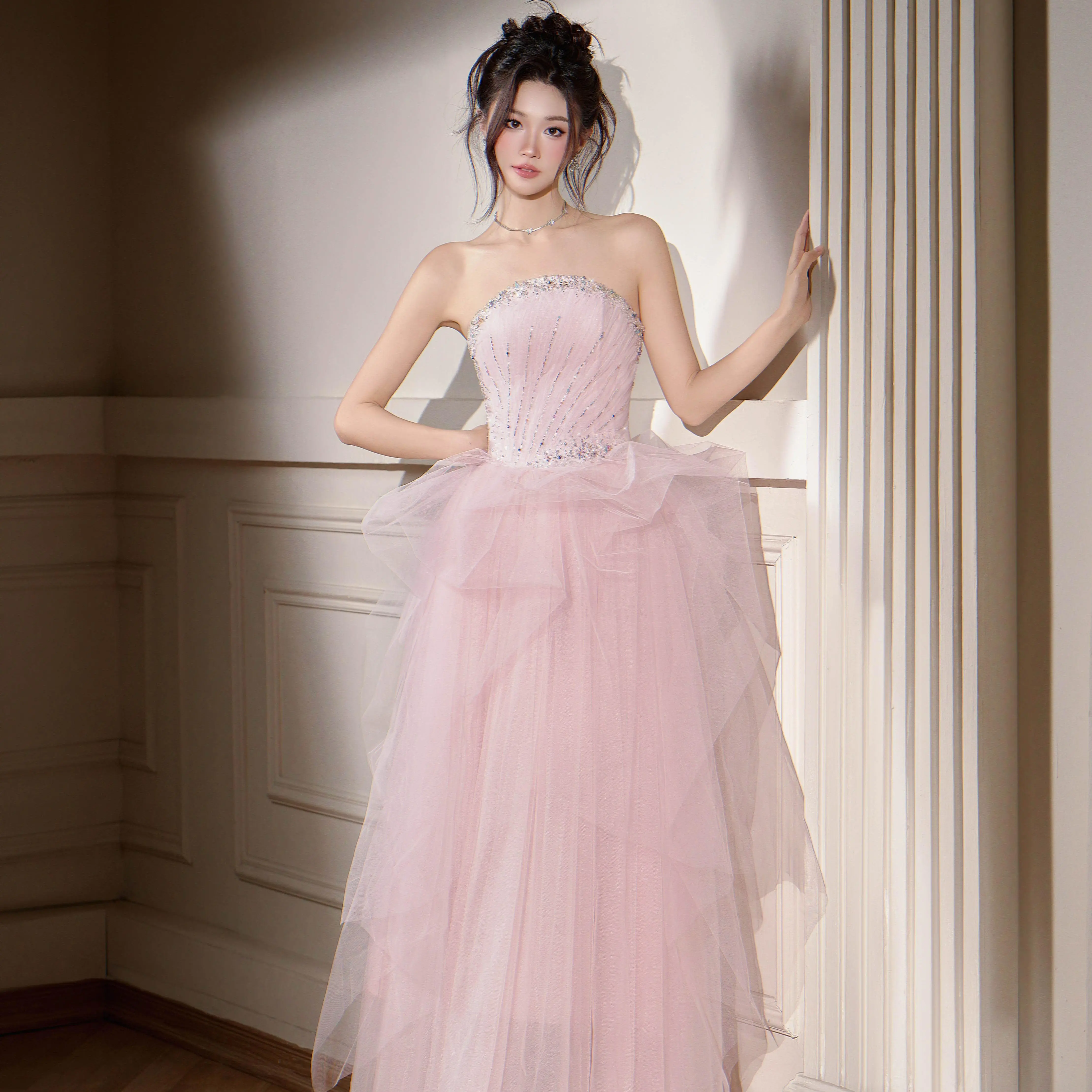 LOVELYN Váy dạ hội Symphony lưới hồng nhạt đính kết thân đá lấp lánh Nữ Dress Women Voan Đầm Váy xinh sang chảnh Voan Đầm đầm  màu