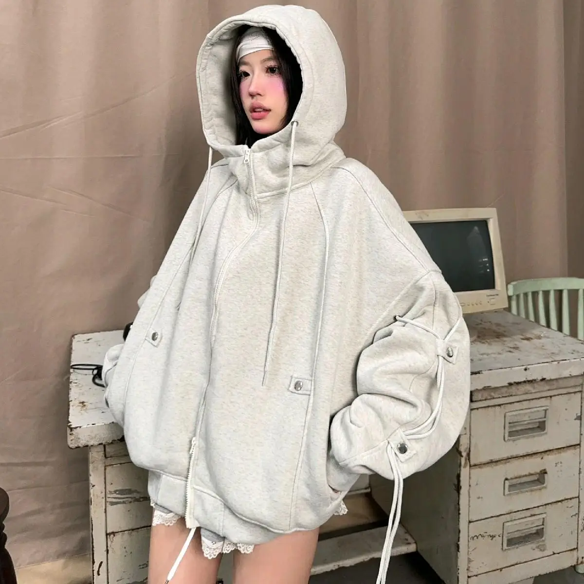 Áo Khoác Zip Cổ Cao Phối Dây Nỉ Bông  YC1996 - áo khoác nỉ dây kéo phối dây