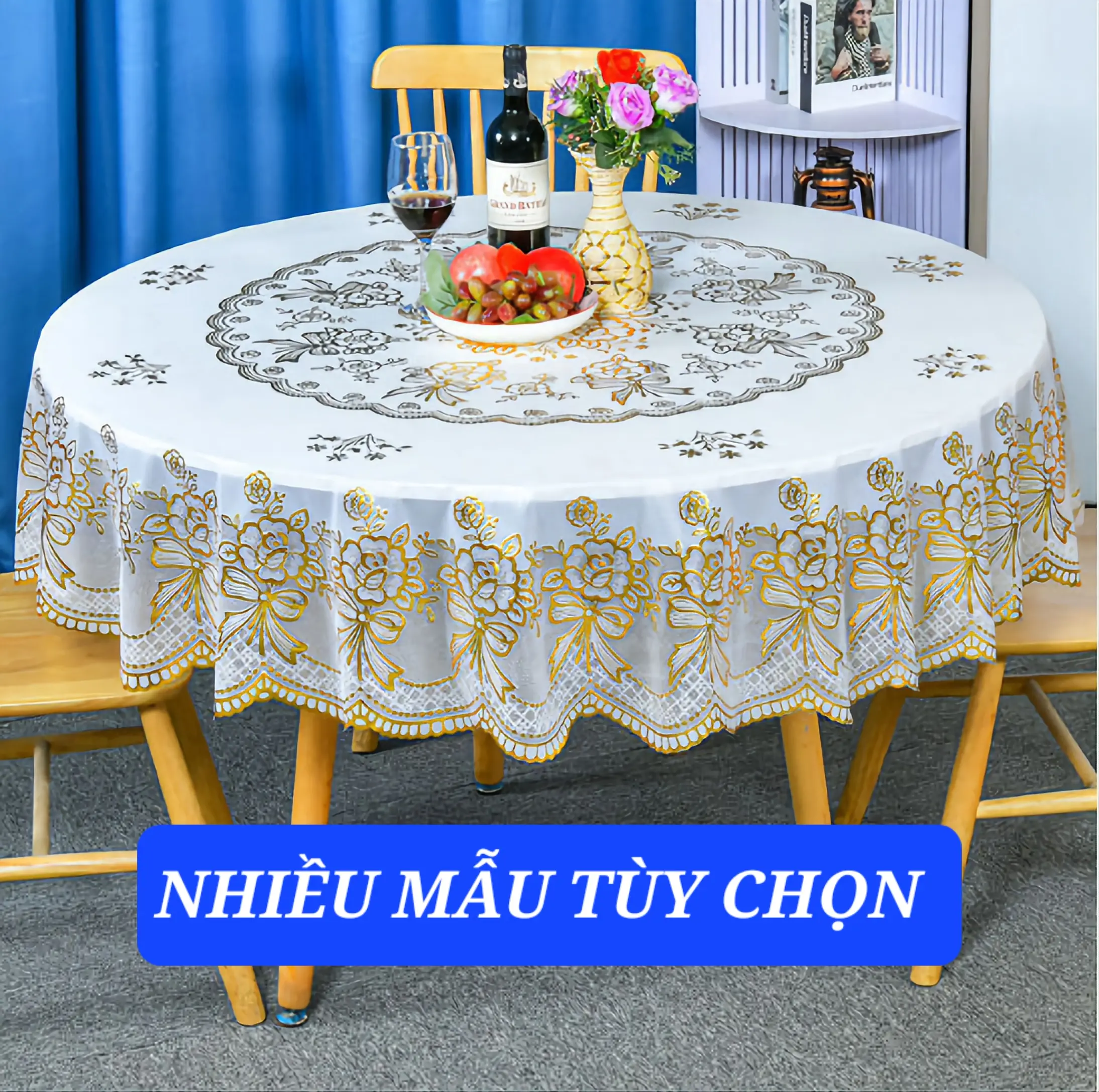 Khăn trải bàn tròn Nhũ Vàng 1.5mx1.5m và 1.8mx1.8m, sang trọng, không sờn, không thấm nước