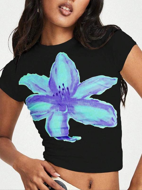 Women's Floral Print Round Neck Crop Tee, Casual Short Sleeve Crew Neck T-Shirt for Summer, Fashion Women's Top for Daily Wear 4
