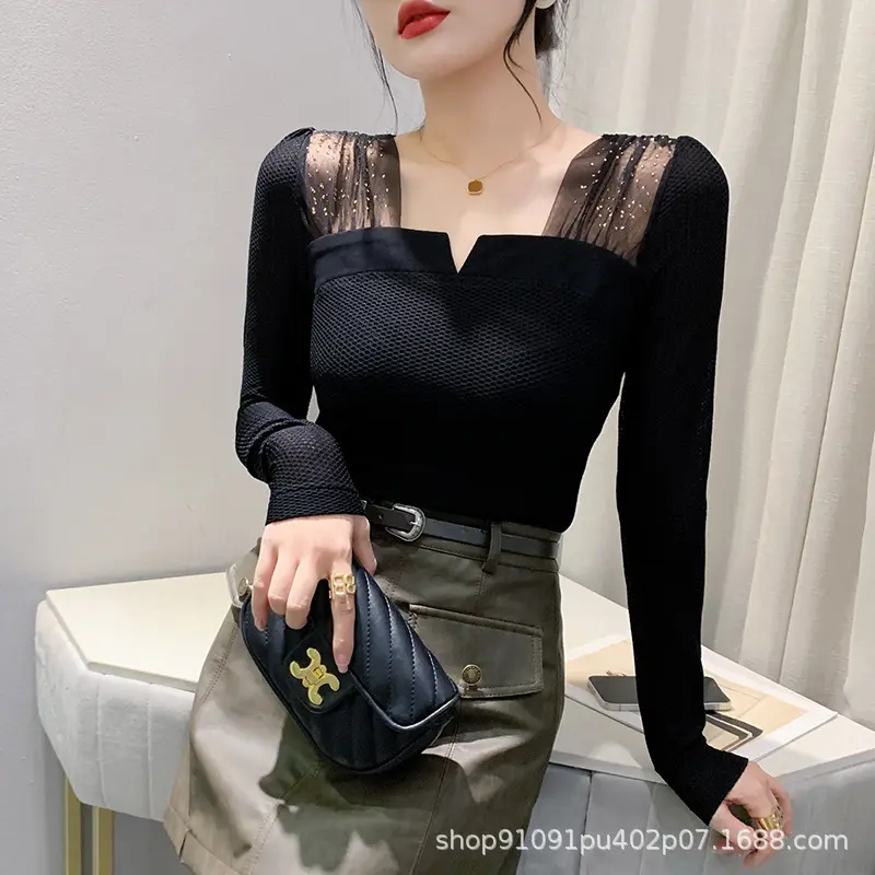 Live Shot-Áo Thun Nữ Dài Tay, Quần Áo Mới, Lưới Khâu, Kim Cương Giả In Hoa Hồng, Dáng Ôm, Giảm Béo Và Thời Trang, Áo Sơ Mi Nhỏ 1