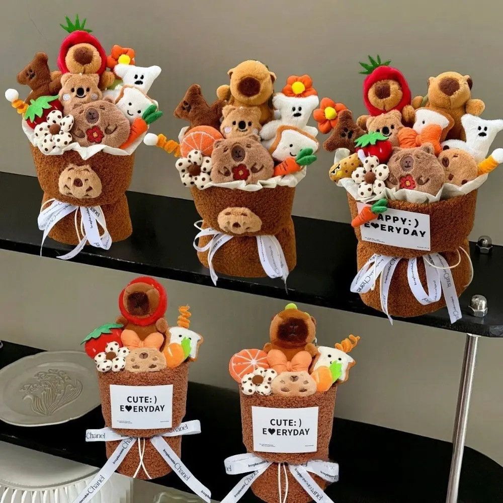 New Cute Kapybara Plush Doll Bouquet Cartoon Pink Brown Artificial Flower Bouquet Creative Home Decor Stuffed Anime Doll for Birthday
