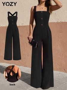 YOZY Women's Solid Backless Button Front Jumpsuit, Casual Zipper Jumpsuit for Daily Wear, Ladies Clothes for All Seasons