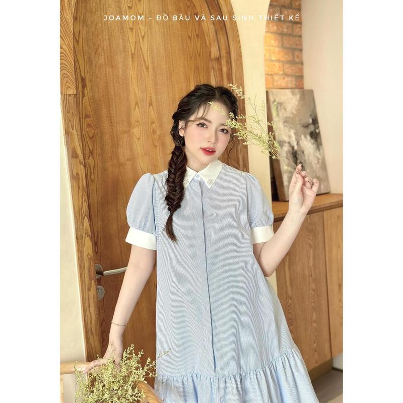 Váy đầm bầu Joamom bầu kẻ xanh cổ sơ mi thiết kế V356