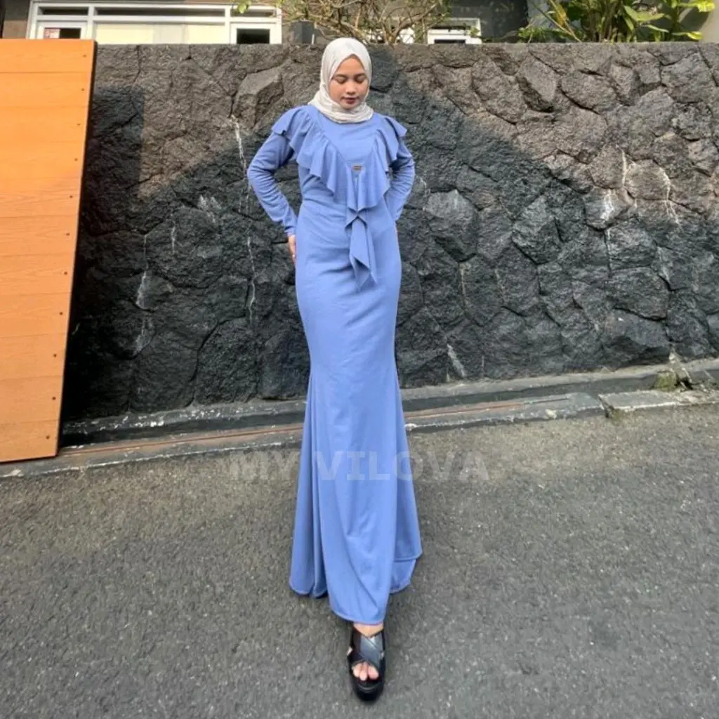 MY VILOVA Nagita Dress Mermaid Bahan Knit Jaguard Ruffle Depan Gamis Viral Kondangan Fashion Muslim Terbaru Dress Knit Duyung Jumbo Lembut Panjang