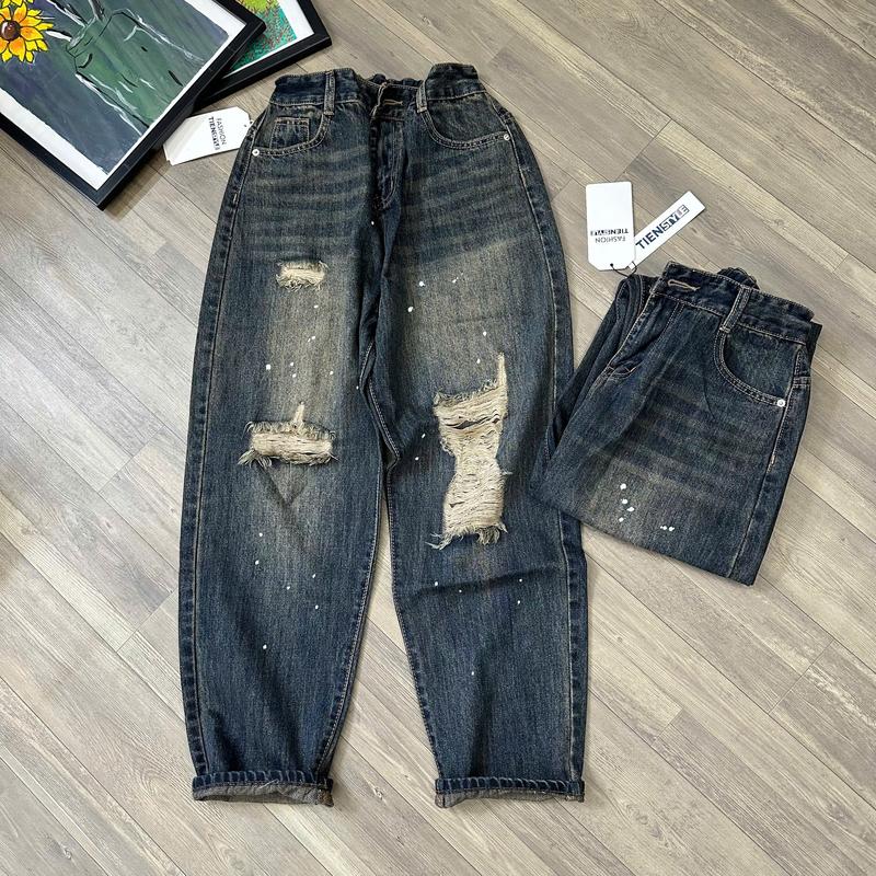 Product Introduction of (Bigsize 80kg) Quần Jean Boy Nữ Rách Gối Vẩy Sơn Lưng Chun, Quần Jean Baggy Women 32
