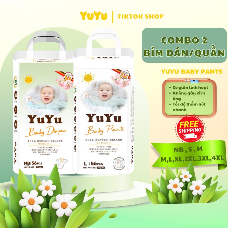 COMBO2 MIX SIZE 2 Bịch Bỉm Tã Dán Quần YuYu Baby Pants Bịch Gói 56 Miếng Cho Bé Đa Kích Cỡ NB S M L XL XXL XXXL XXXXL Siêu Mỏng Thấm Hút Bảo Vệ Sức Khỏe Cho Bé