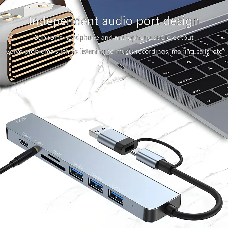Portable 8 Ports USB Hub, Universal USB 3.0/2.0/Micro SD/TF Card Reader, Multifunction Adapter for Laptop, MacBook Pro, iPad And Other USB-C Devices 3