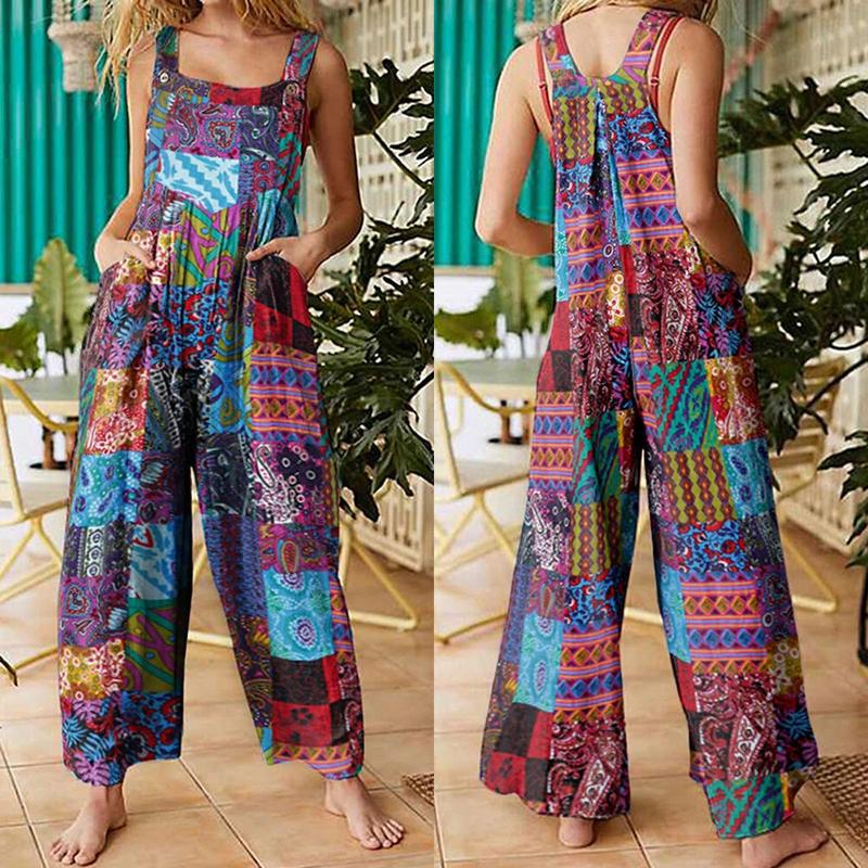 Product Introduction of Women Summer Overalls, Multicolor Ethnic Style Square Neck Sleeveless Casual Jumpsuit with Pockets for Girls, Red/Blue 50