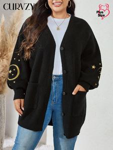 CURVZY Plus Size Moon & Star Embroidery Button Front Cardigan, Casual Drop Shoulder Long Sleeve Pocket Cardigan, Women's Fall & Winter Knit Clothing for Daily Wear, Valentine's Day Gift for Girl