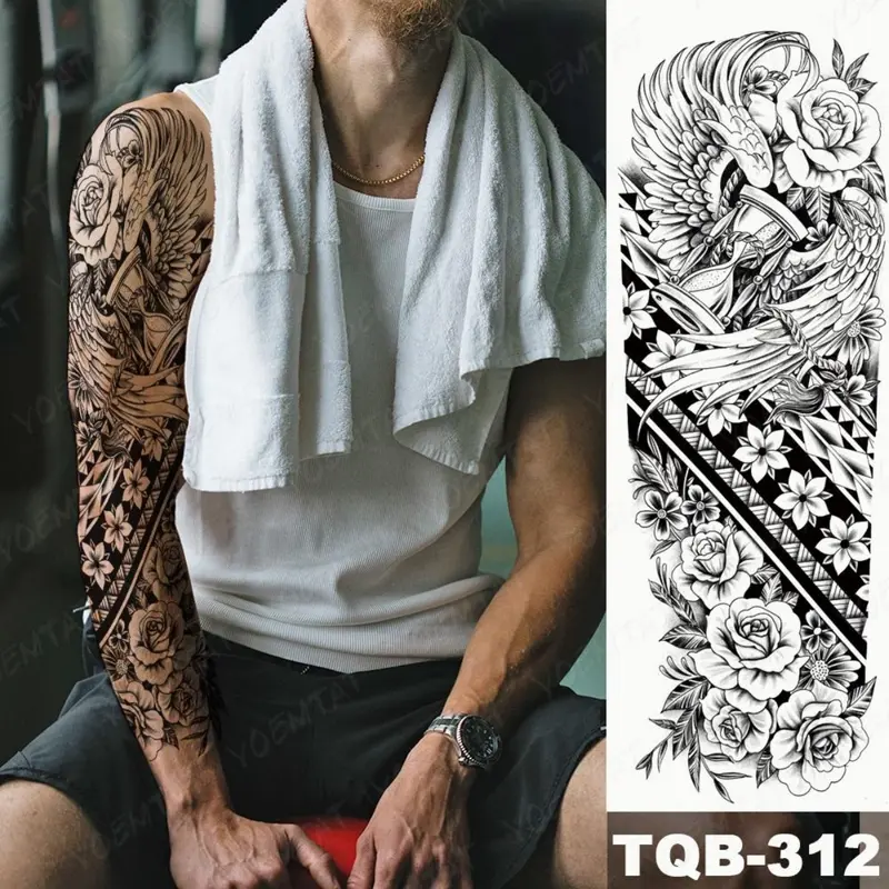Miếng Dán Hình Xăm Tạm Thời Không Thấm Nước, Cánh Tay Áo Lớn, Thiết Kế Totem Maori Và Maya Bộ Lạc, Hình Xăm Lung Linh Thích Hợp Cho Phụ Nữ Và Nam Giới, Nghệ Thuật Cơ Thể Màu Đen, Hình Xăm Giả 2