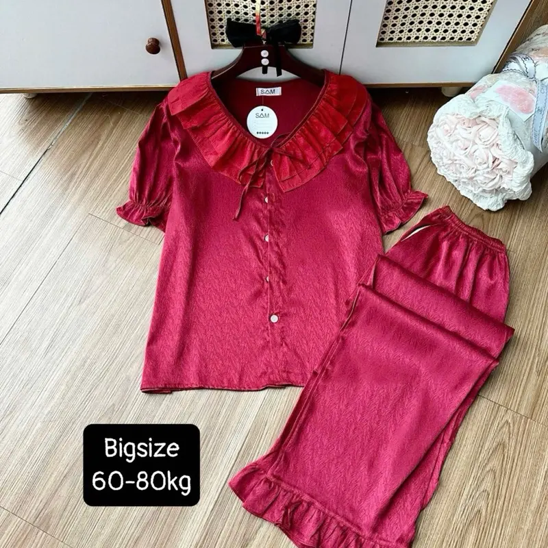 (Bigsize 60-80kg) Bộ tiểu thư cổ bèo màu trơn phối voan chất lụa xước tay ngắn quần dài Nữ Nhung Nho Áo  Quần Ngủ Pijama  Voi Áo Ngủ 5