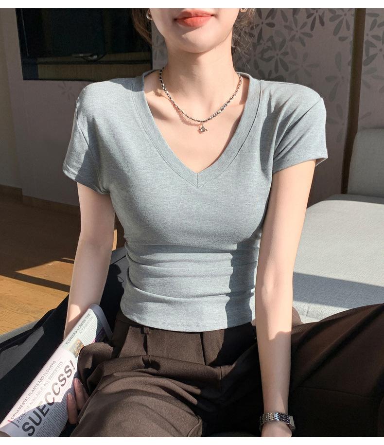 Product Introduction of Summer New Slim Fit V-Neck Short Sleeve T-Shirt for Women, Versatile Waist-Cinching Slimming High-End Top, Niche Style 19