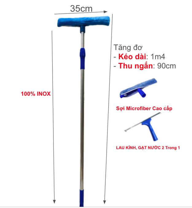 Cây Gạt Nước, Lau Kính, Kiếng Dài 1m4 CÓ KHOÁ TĂNG GIẢM - ĐẦU 2 Trong 1 TAY CẦM INOX Loại Tốt sợi Microfiber Cao cấp