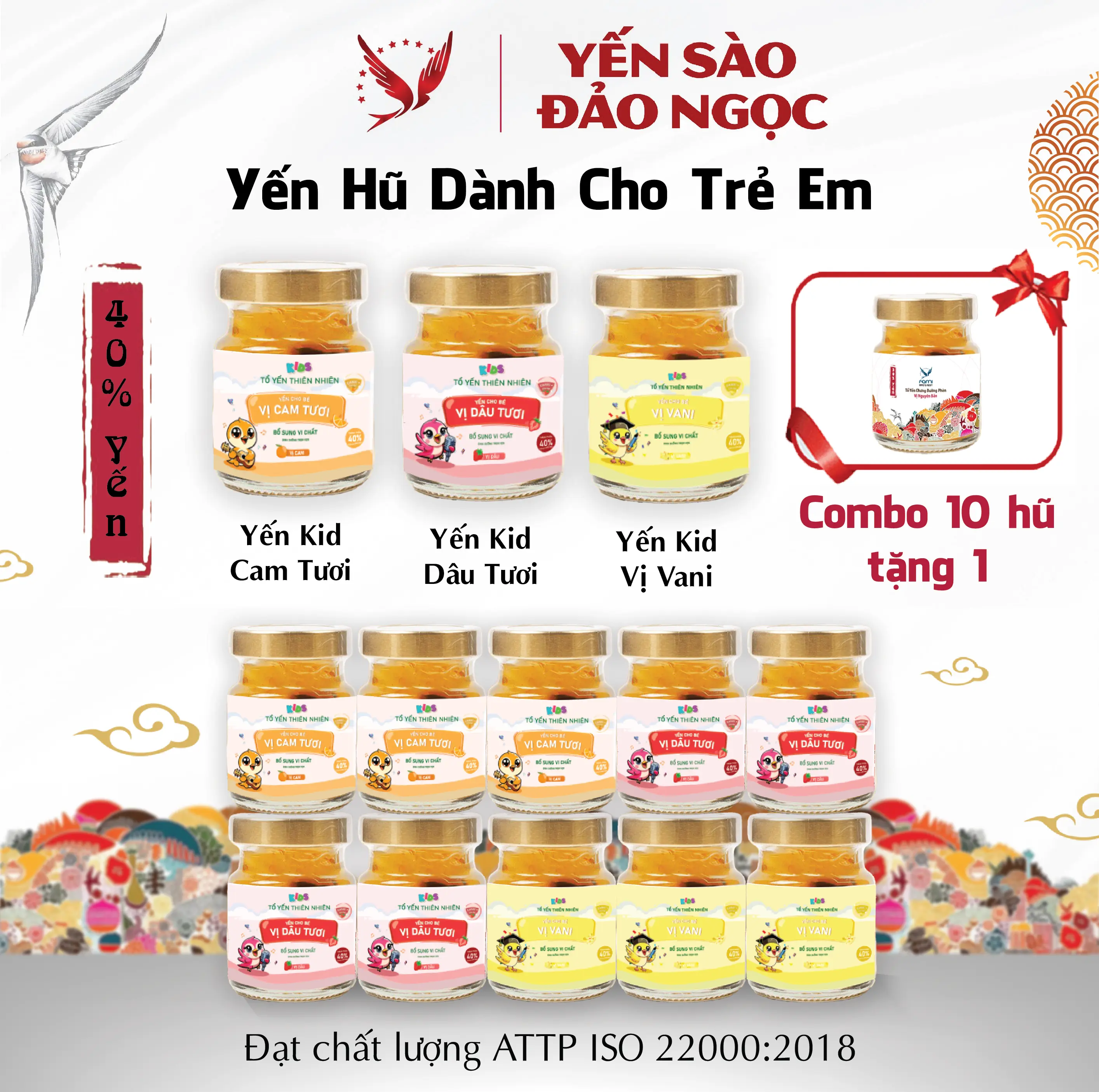 Combo 10 Hũ Yến Dành Cho Trẻ Em 40% YẾN TƯƠI - Bổ sung thêm Can.xi & Ly.sine/ (Tặng 1 Hũ) - Có 9 vị - Không Kèm Hộp - Yến Sào FAMI Sản Phẩm Của Yến Sào Đảo Ngọc