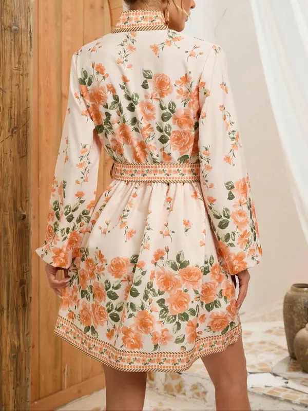 Women's Floral Print Belted V Neck Dress, Boho Fashion Casual Lantern Sleeve Short Dress for Daily Holiday Vacation Wear, Women Dress for All Seasons, Womenswear 4