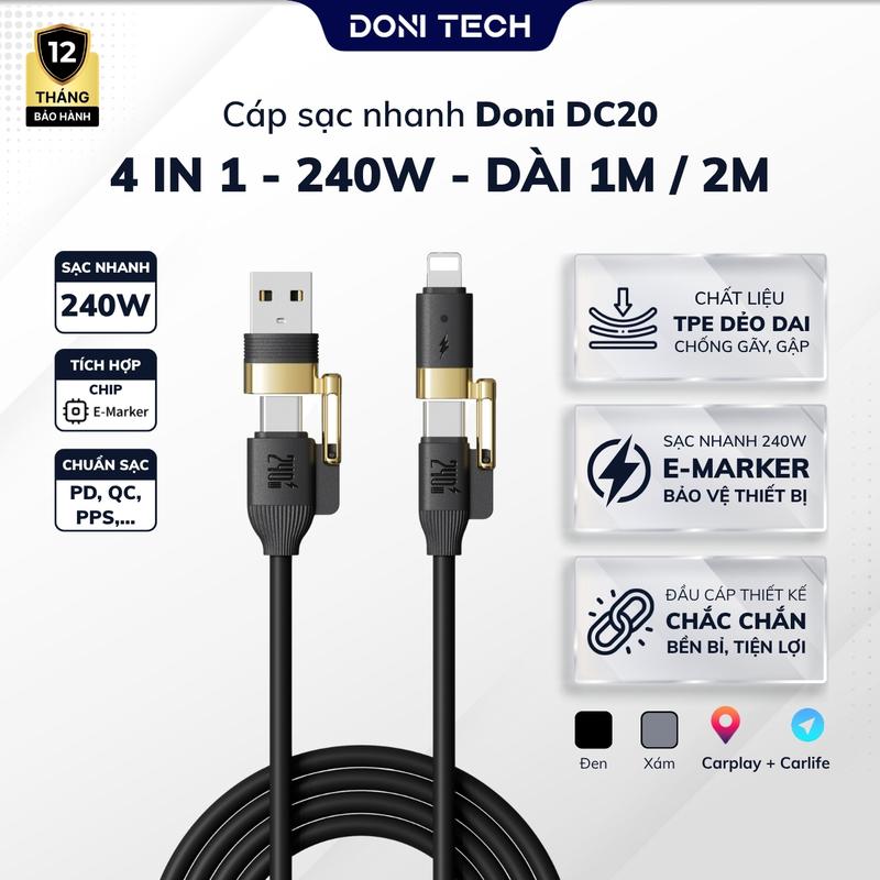  Cáp Sạc Nhanh DC20 4 trong 1 240W Dây TPE Siêu Bền Dài 1M 2M Cổng Type C & LN cho Phone Sam Sung MBook Chất Liệu E-Marker Bảo Vệ Thiết Bị 